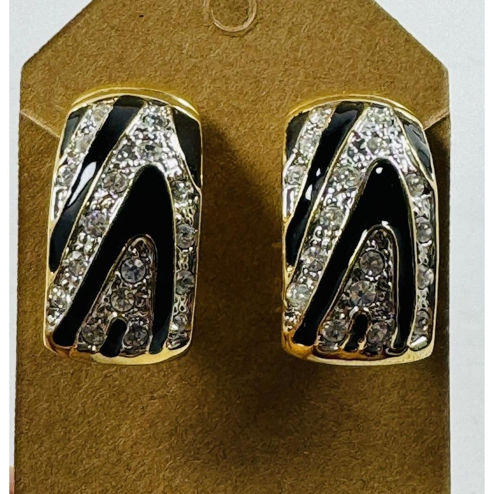 Vintage Gold Tone Black Enamel Rhinestone Zebra Print Clip On J Hoop Earrings